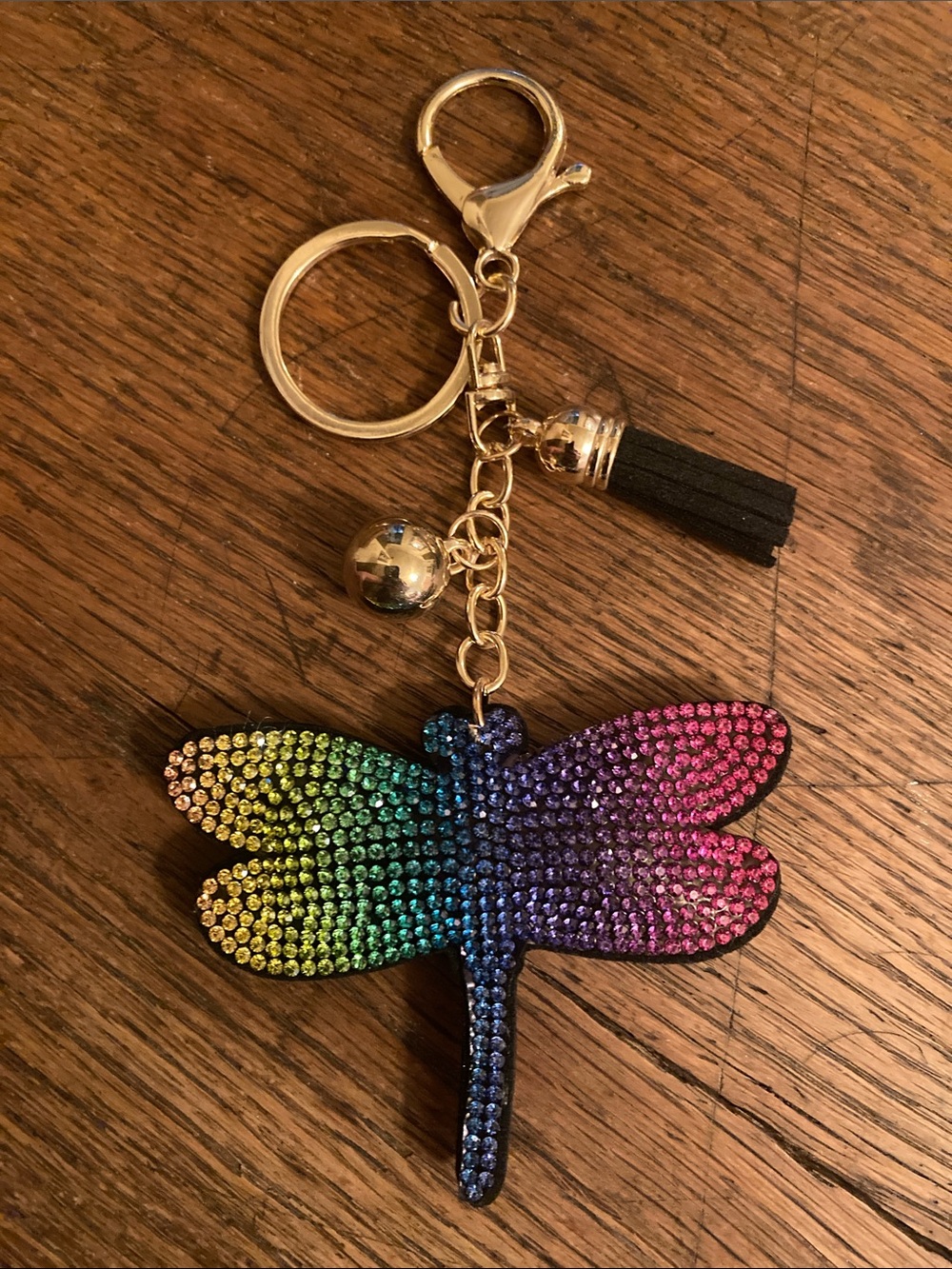 Dragonfly Rainbow Purse Charm/Keychain Rhinestone Gold Tone NWOT